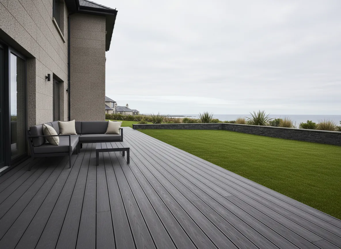 [IMAGE: Modern garden decking area attached to an Aberdeen home]
